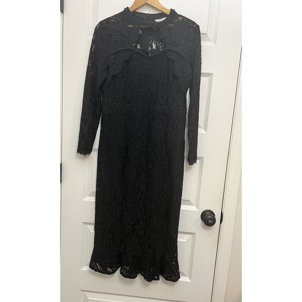 Whimsigoth Black Crochet Floral Lace Long Sleeve Midi Dress Sz  L Beaded Siryun - Picture 2 of 16